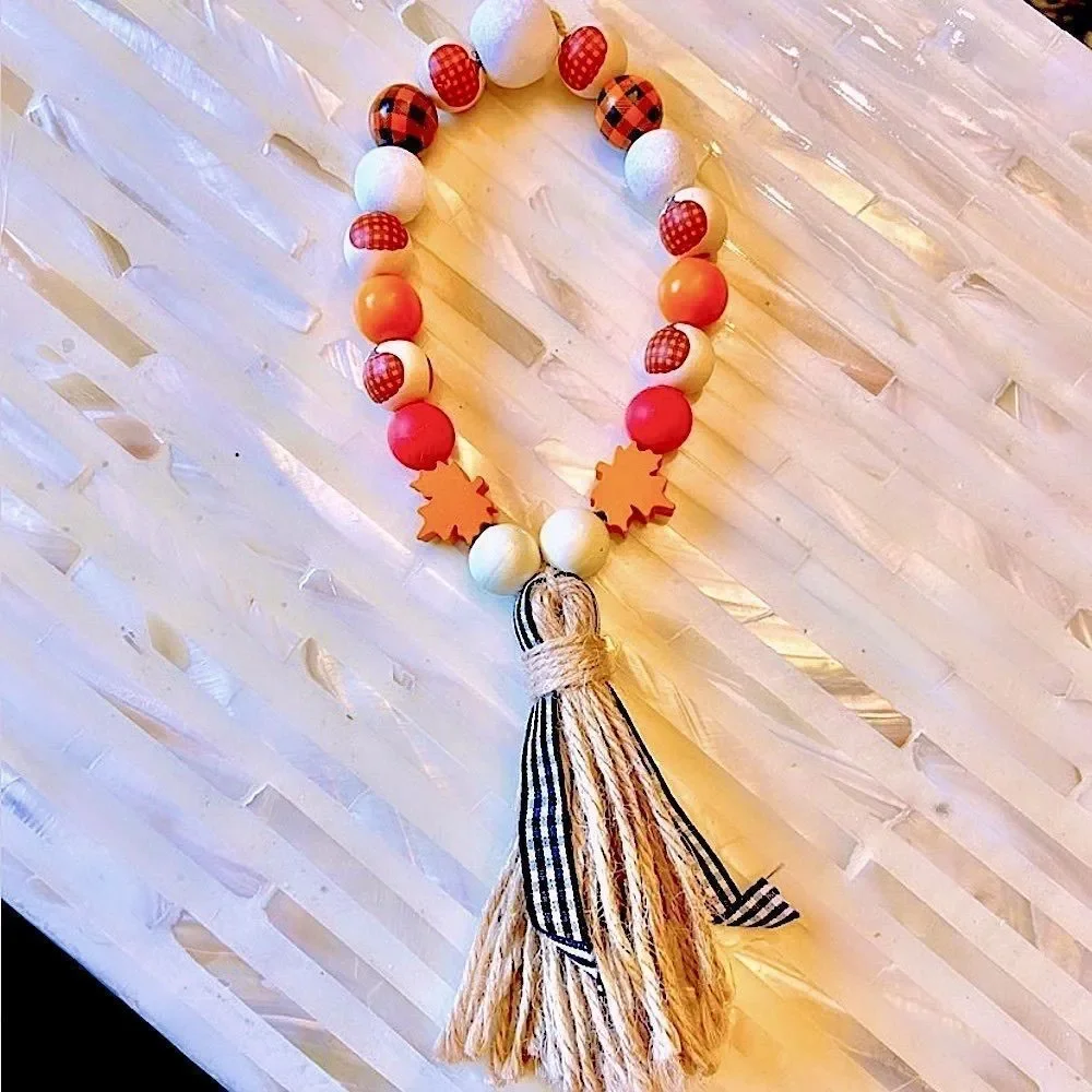 NEW Wood Bead Garland with Plaid Tassels